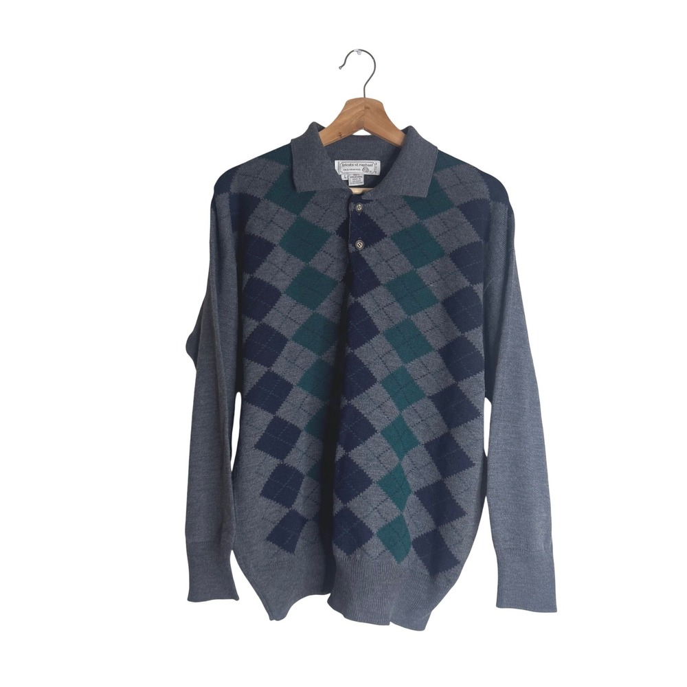 Tricots St. Raphael Men's Argyle Polo Sweater Large Gray